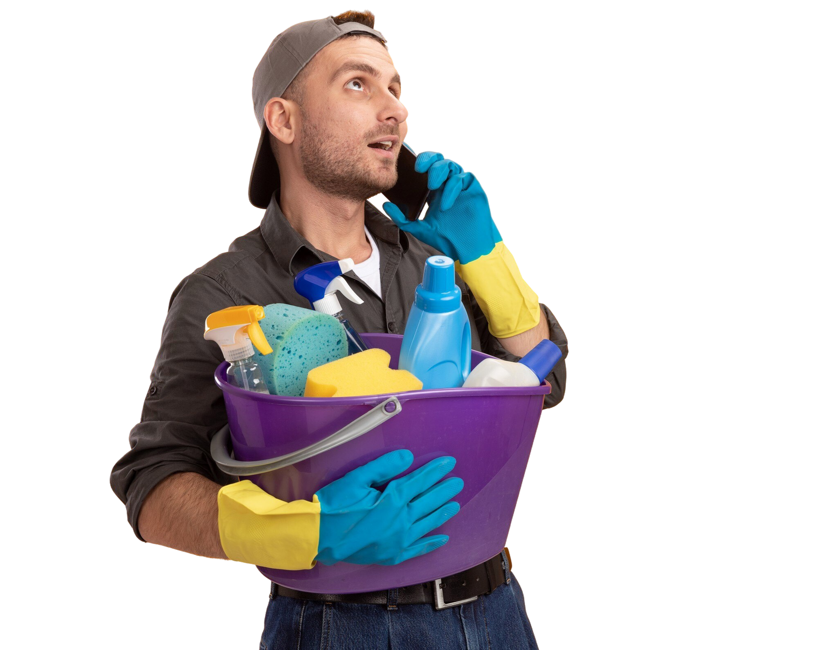 young-man-wearing-casual-clothes-cap-rubber-gloves-holding-bucket-with-cleaning-tools-looking-up-smiling-confident-while-talking-mobile-phone-standing-orange-wall